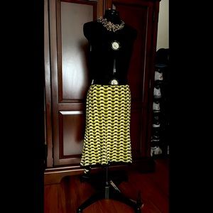 Lime & black geo-print, lined A-line, elastic waist, knee length skirt